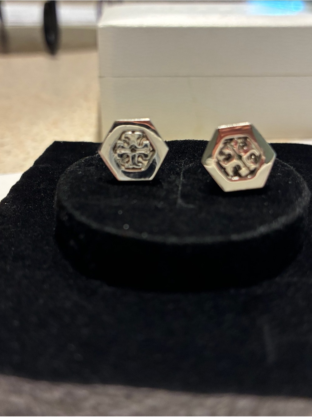 Tory Burch Silver Hexagon Logo Stud Earrings